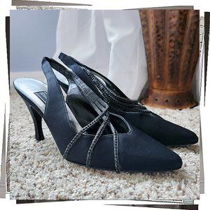 Vintage 92'' Black Satin Slingback Special Occasion Heels w/ Black Beading (7)